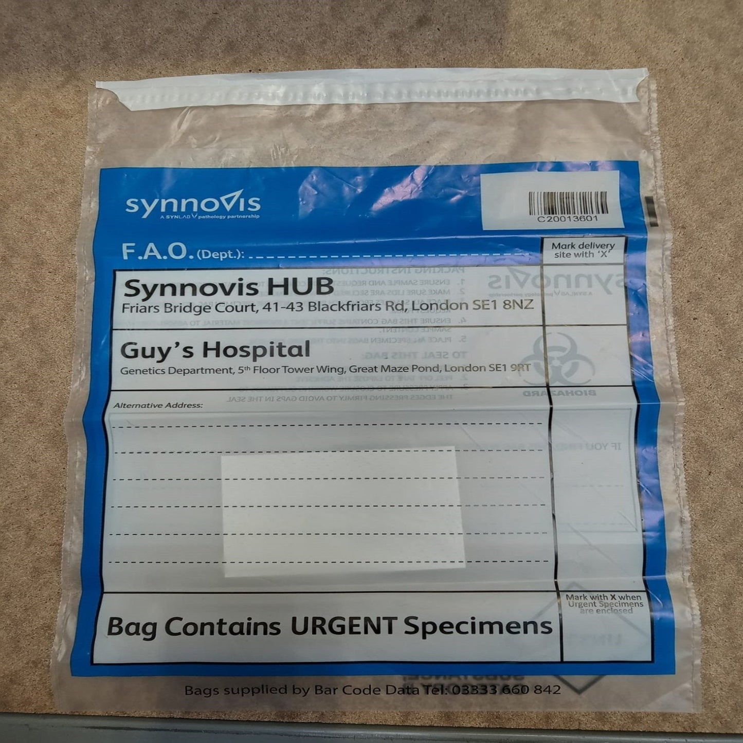 Synnovis Transport Plastic bags (Barcoded) (Blue)