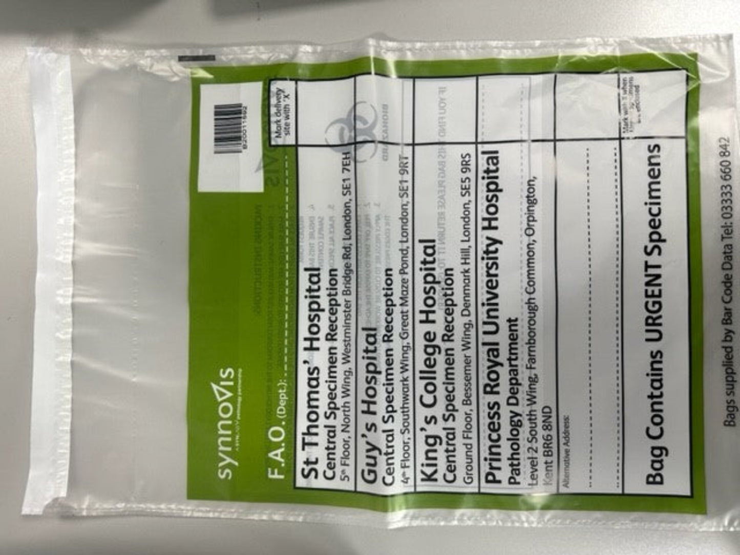Synnovis Transport plastic bags (Barcoded) (Green)