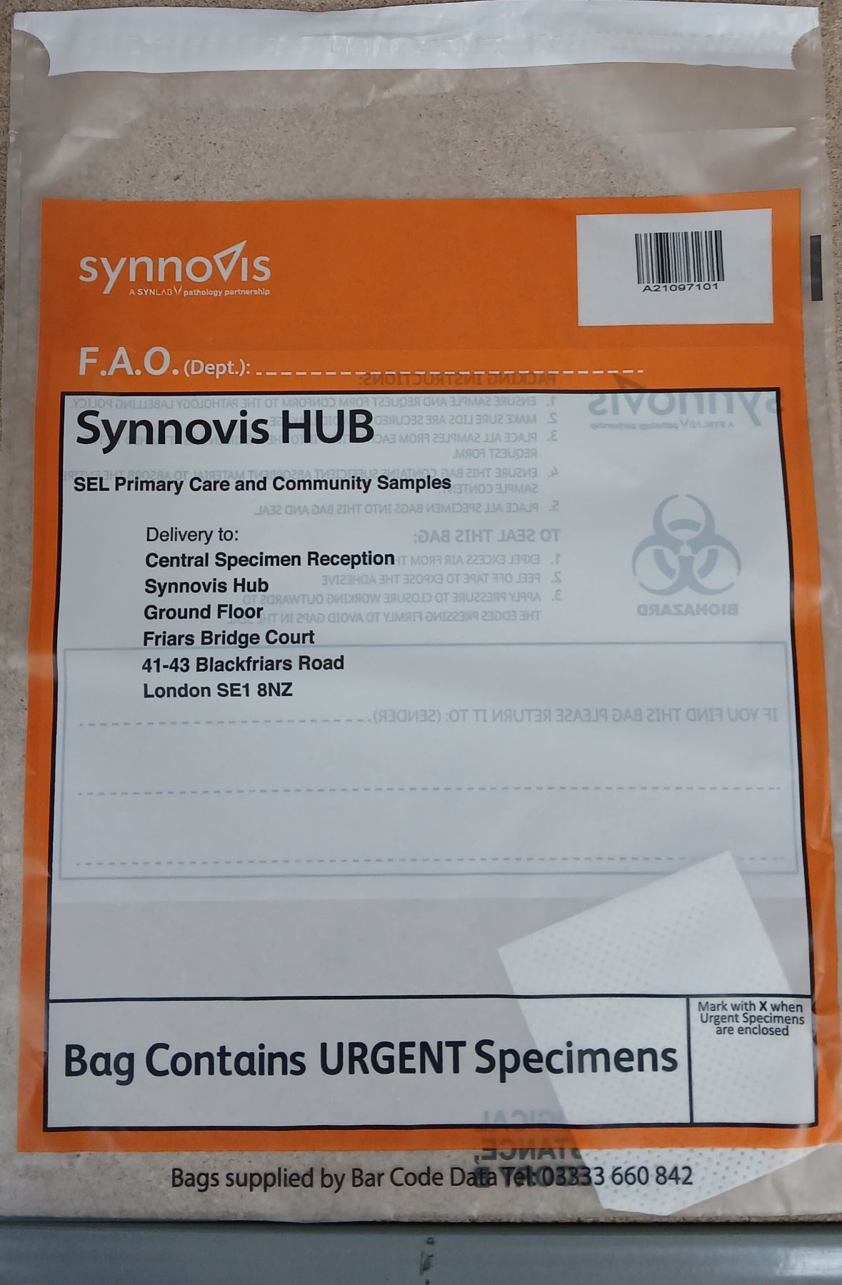 Synnovis Transport plastic bags (Barcoded) (Orange)